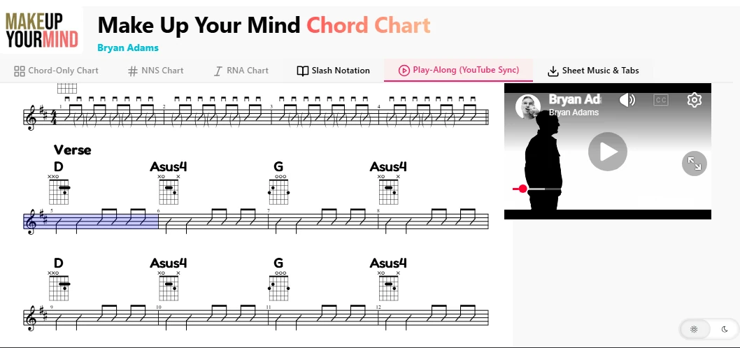 Simple chord chart synchronized with the original song